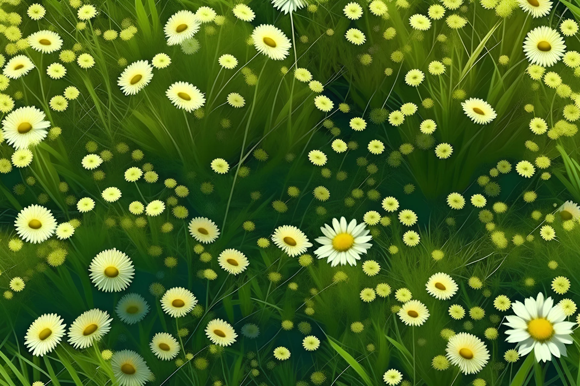 Vector. Illustration. realistic, Digital painting. birds eye view, top down. grass with wild flowers