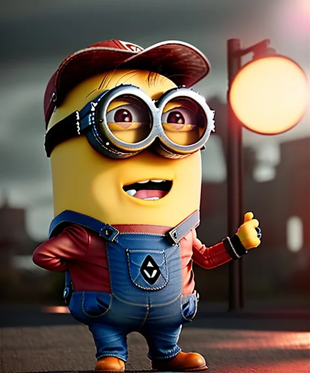 Minion toddler, steampunk, full body, red hair, leather jacket, dramatic lighting, hyper realistic