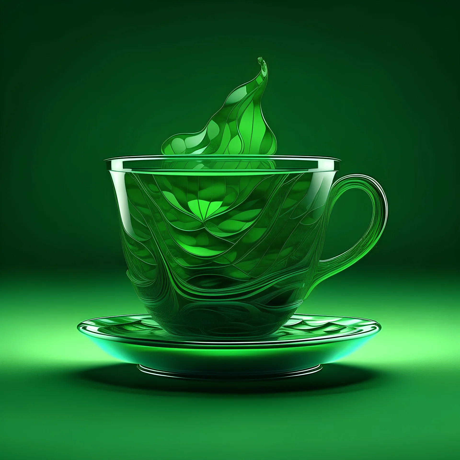 a cup of green tea design, trippy, bunchy, 3d lighting, 3d, realistic head, cut out, modern, symmetrical, center, abstract