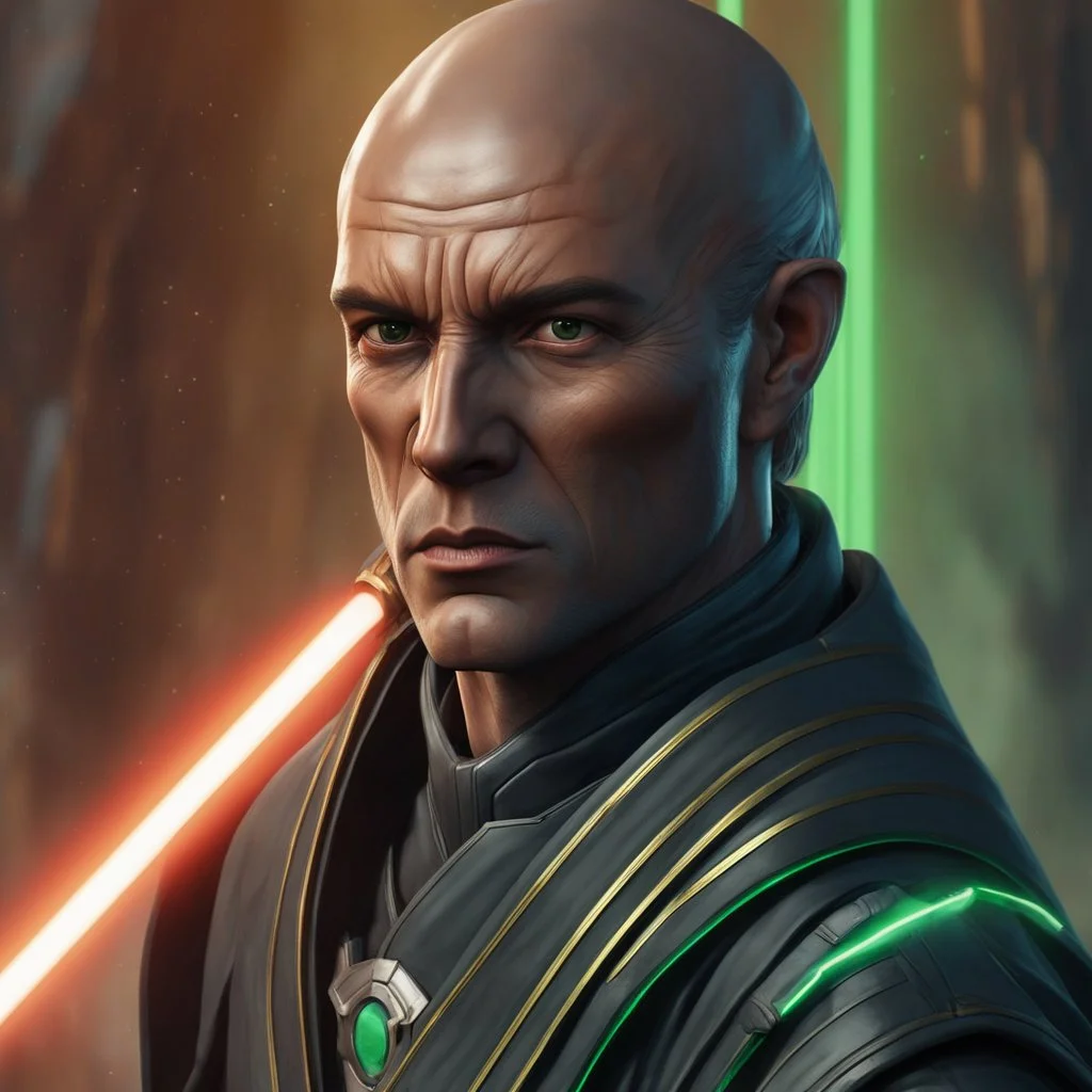 star wars bald male corellian jedi pilot wearing gunmetal grey and black old republic armored robes with gold trim inside the jedi temple holding a lightsaber with viridian green blade in left hand, centered head and shoulders portrait, hyperdetailed, dynamic lighting, hyperdetailed background, 8k resolution, volumetric lighting, light skin, fully symmetric details