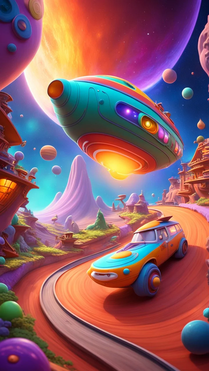 big ass comet floating around in space among weird living space camper ship driving down weird twisted track, spelljammer, Pixar-inspired, expertly crafted in a whimsical and vibrant cartoon style. is masterfully rendered in a lifelike 3D design, which captivates viewers with there irresistible charm. The background is filled with warm, inviting colors and a 3D render, creating a cinematic. depth of field