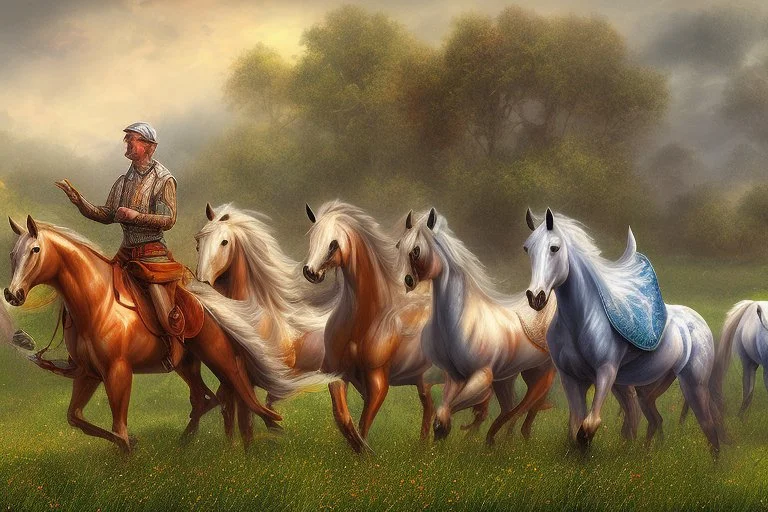 illustration horses of different colors in a field from afar