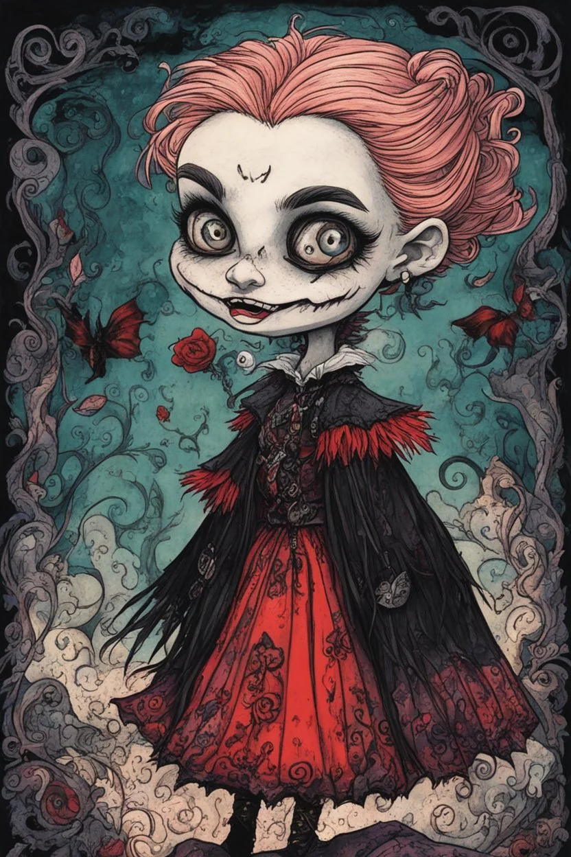 a cartoon illustration of a schizophrenic goth vampire girl , in the cartoon style of Lynda Barry , Ernie Pook's Comeek, vibrant natural colors, , museum quality masterpiece