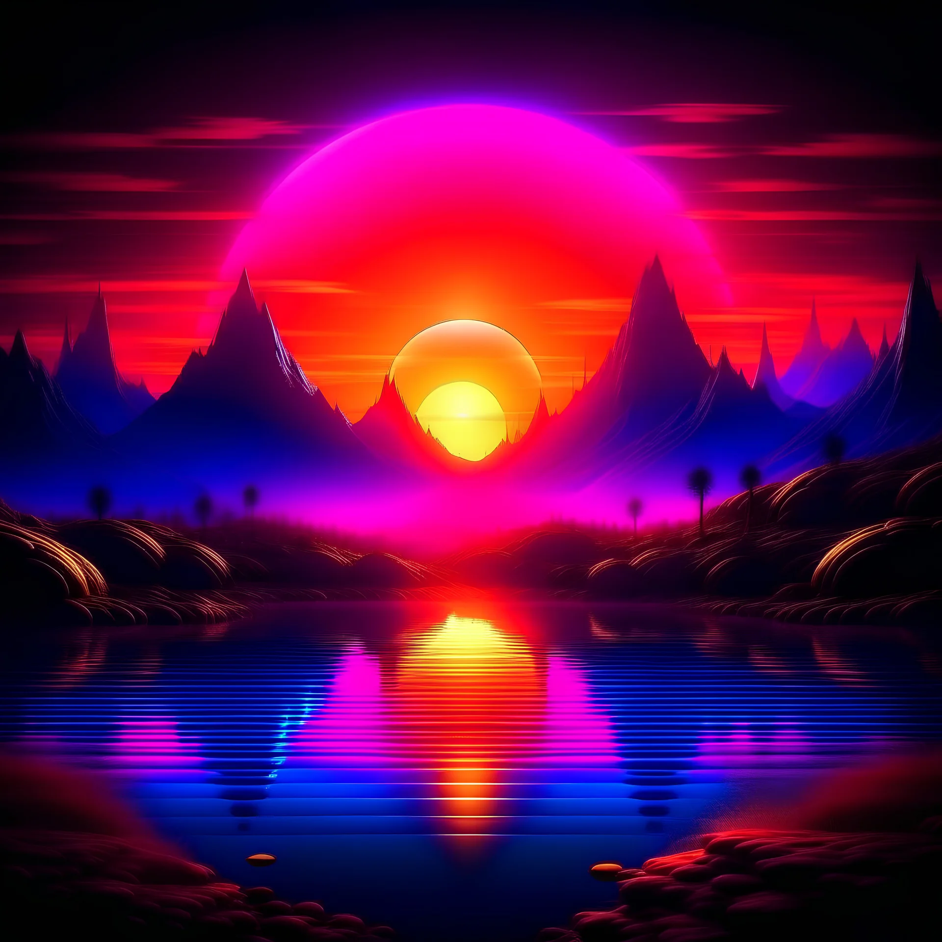 lake of sun apocalypse in earth, synthwave pistures style, with neon lights and the sun far away