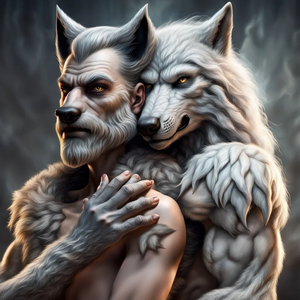 Teo the anthropomorphic strong gray hairy body wolfman holds between his paws the anthropomorphic pale hairy body wolfwoman's face , photo from face, neck and shoulders, blur background., high detalied, high realistic, sci-fi and fantasy mood