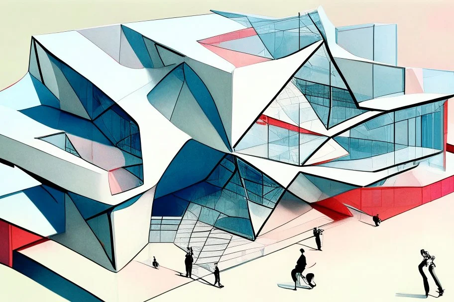 Architectural drawing of a Neofuturistic art museum, (((isometry))), ultra quality, people, treets