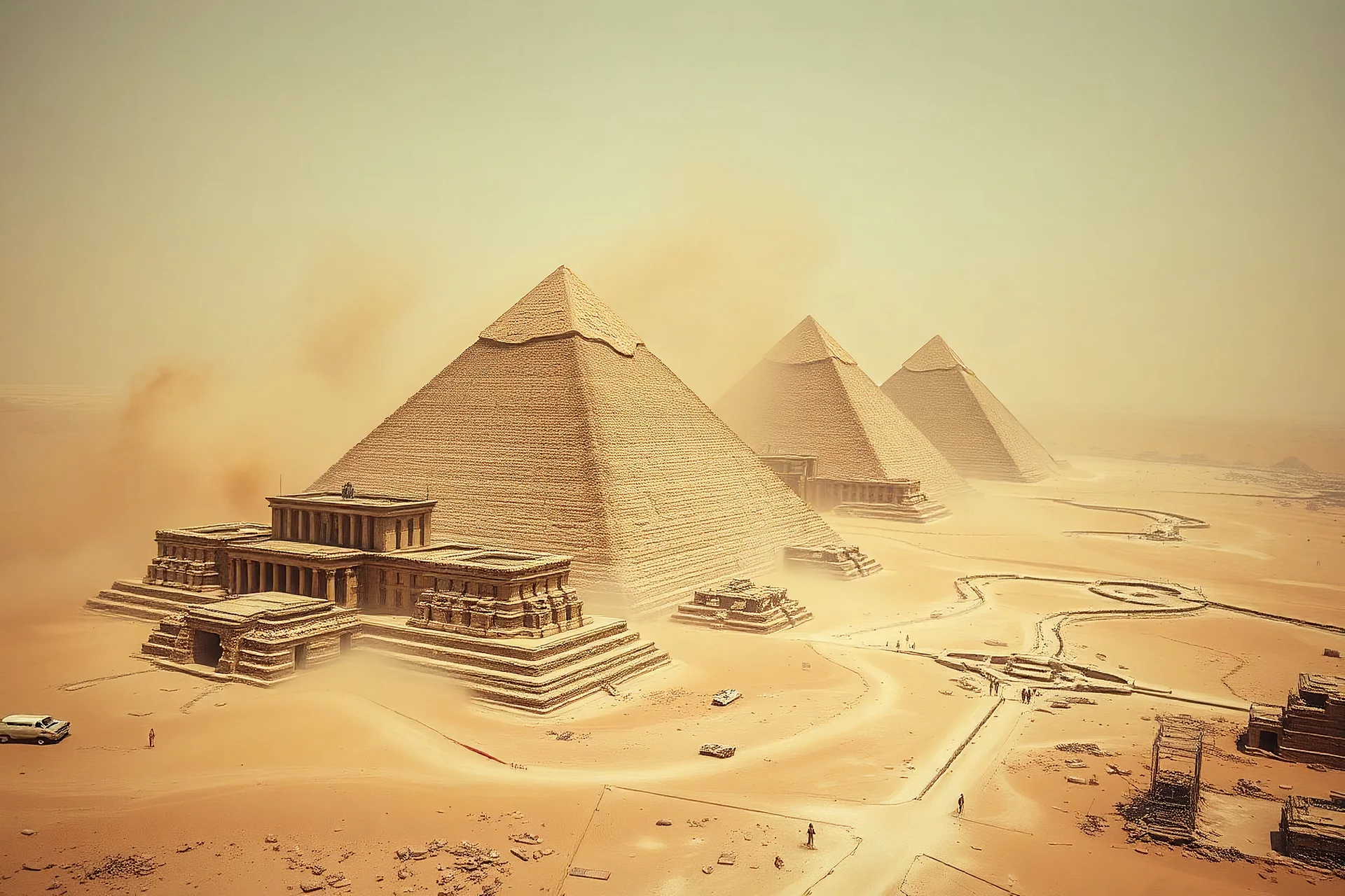The Egyptian pyramids are gradually being swallowed up by the wind and sand over the passage of time. In the visual style of the movie "Dune", there are billowing sand and dust, a desolate and dilapidated mechanical city, and the pyramids are being weathered. It is shot with an ultra-wide-angle lens from a high vantage point in a top-down view, and features a masterful composition.