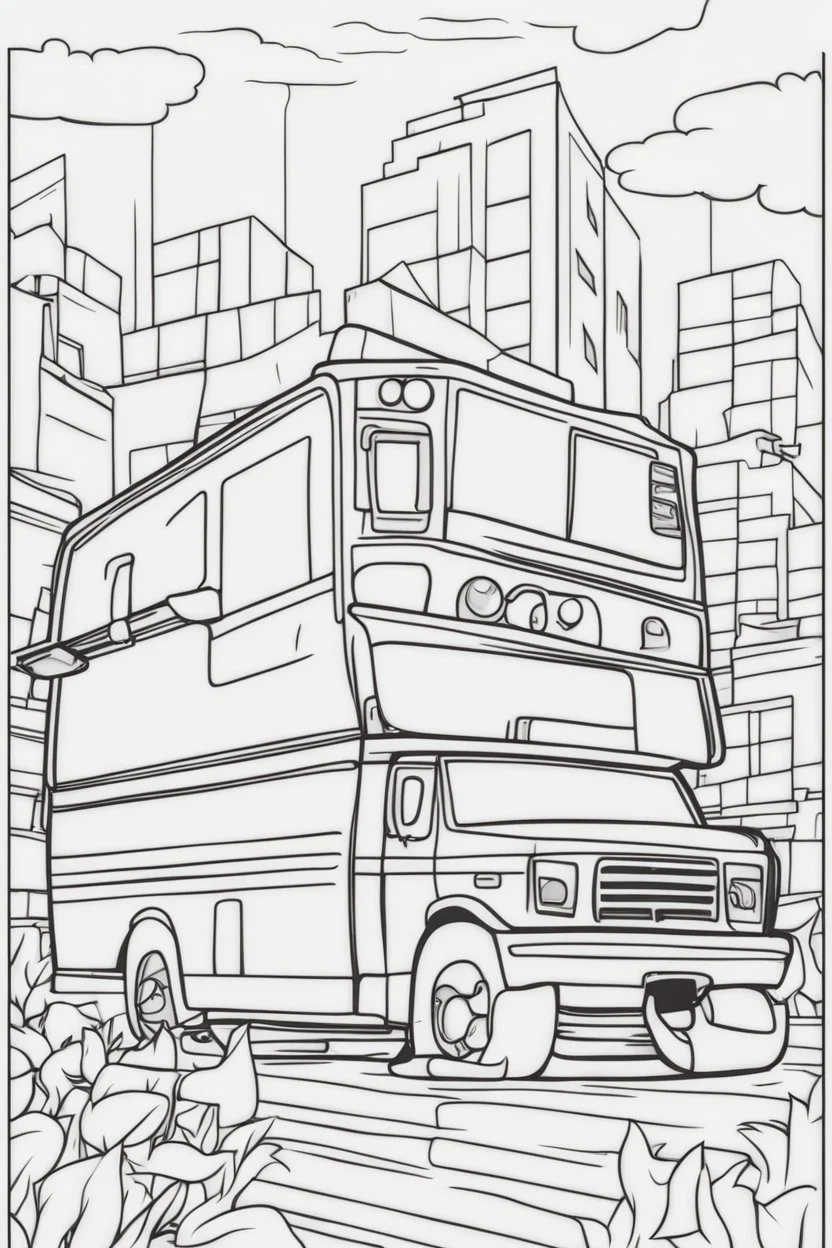 transport coloring page for kids, AMBULANCE, cartoon style, thick outline, low details, no shading, no color