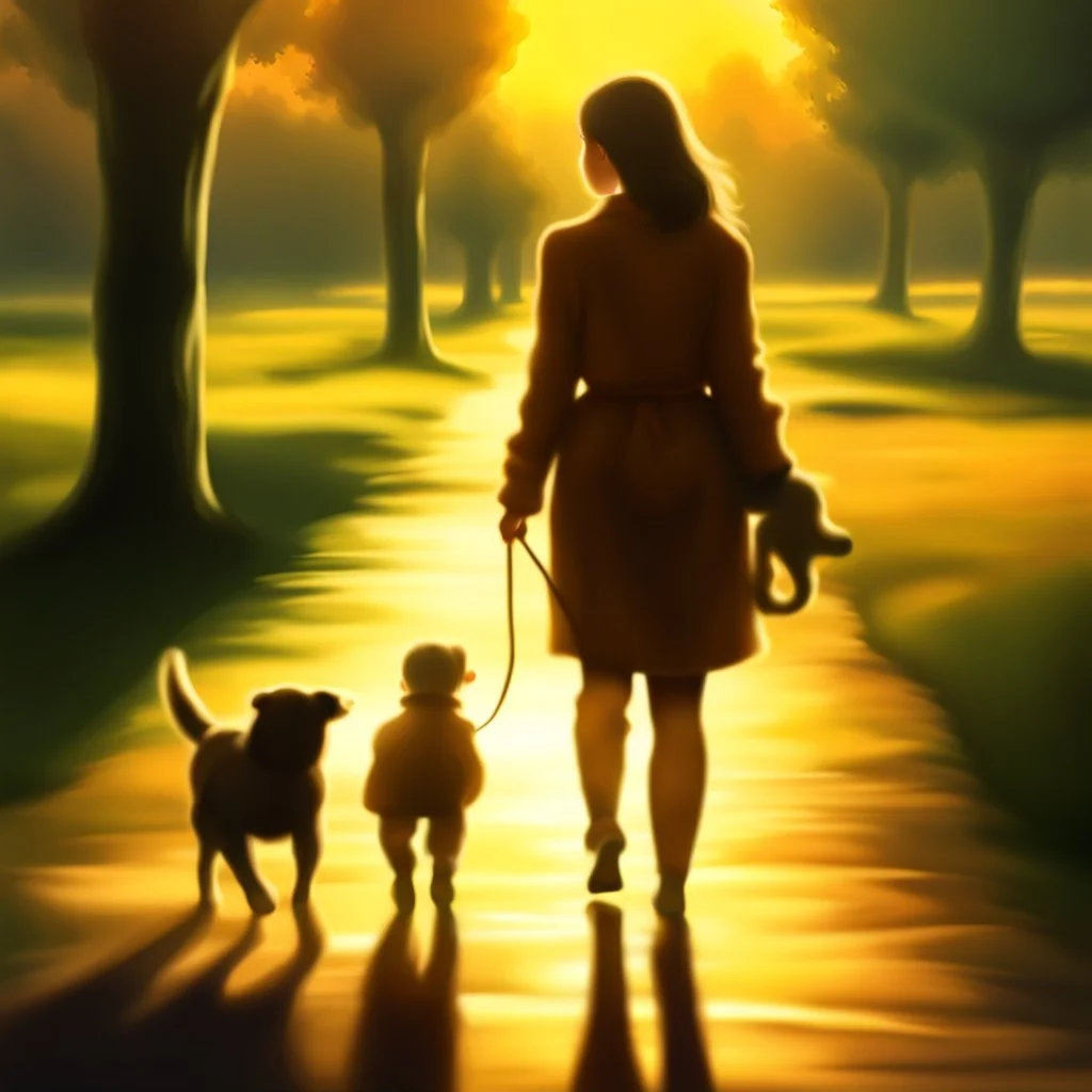 create a wonderful quality painting of an elegant woman walking with a dog and a child at sunset, digital painting in harsh light, atmospheric. Digital Painting, Atmospheric Artwork, Dramatic Artwork, Background Artwork, , Dreamy Digital Painting, Digital Art Image, , Stunning Digital Color, 24K