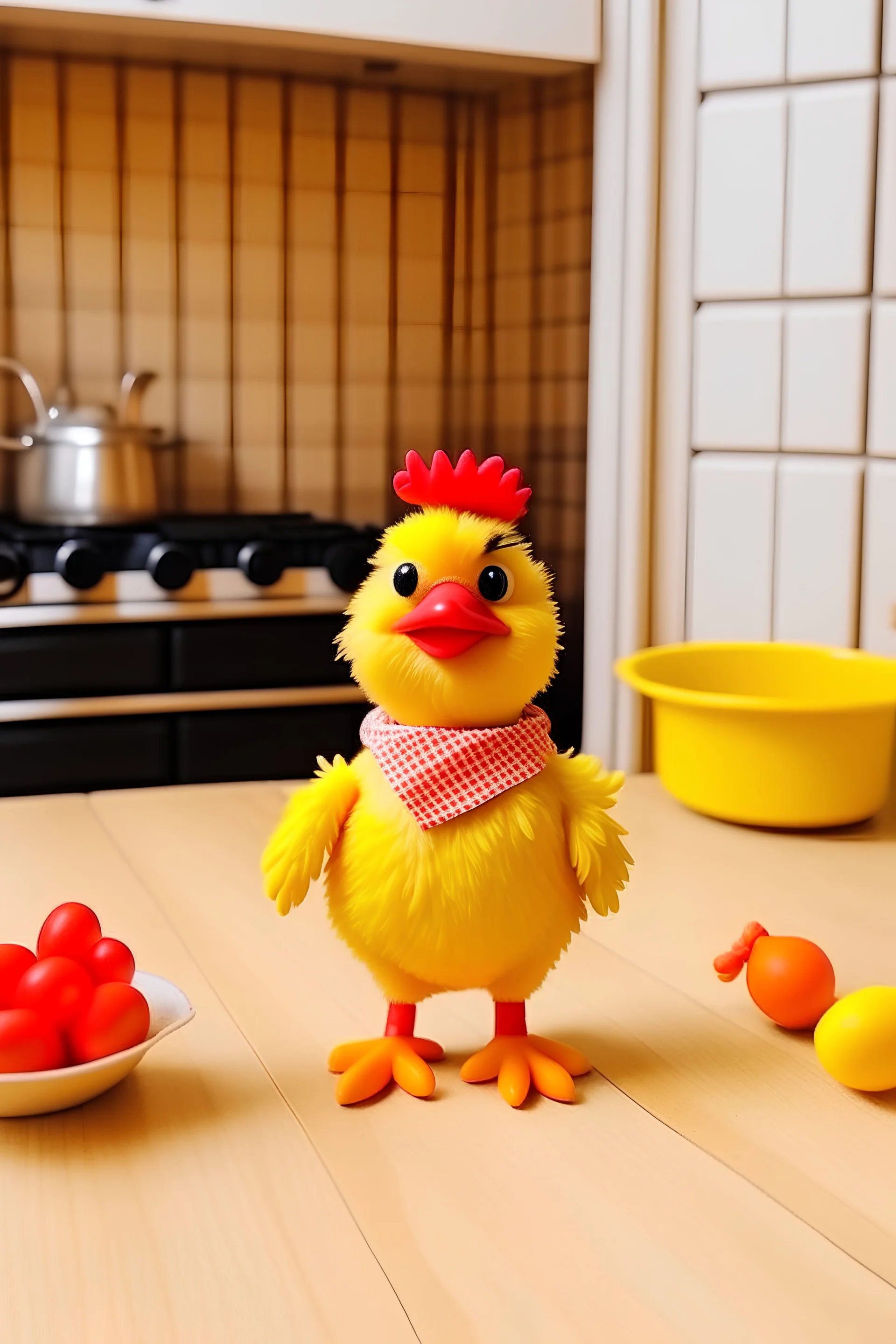 The little chicken is cute and cute and small and he 's standing in the kitchen serving the main course .