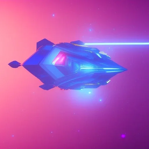 a crystalised blue pink spaceship, gold, diamonds, lightbeams, cosmic background, atmospheric, realistic, unreal engine, 8k. Cinematic lighting, octane render.