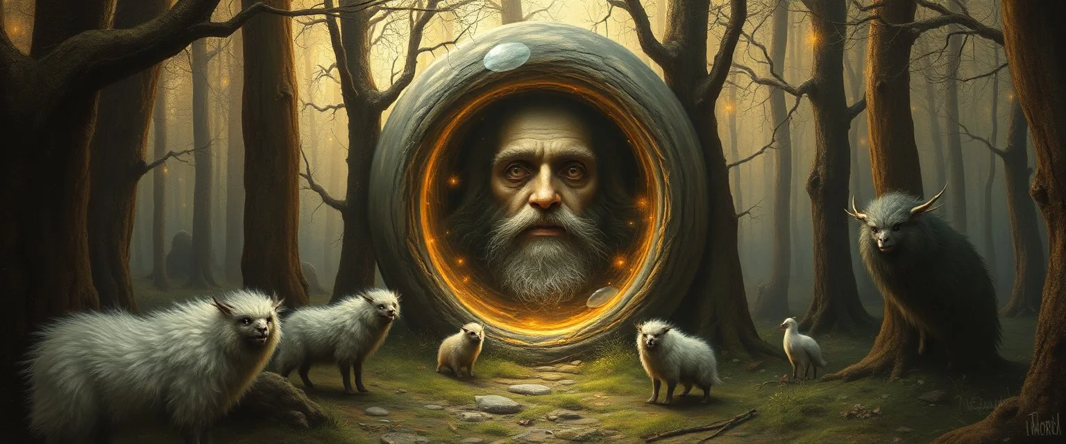 in the magical mirror forest we get a strange portrait and you enter the strangest bubble doorway to weird dimension and the aura of its heavenly fluffy elevated messed up woodland and ad & d monster creatures flock painted by Nerdrum and Rembrandt