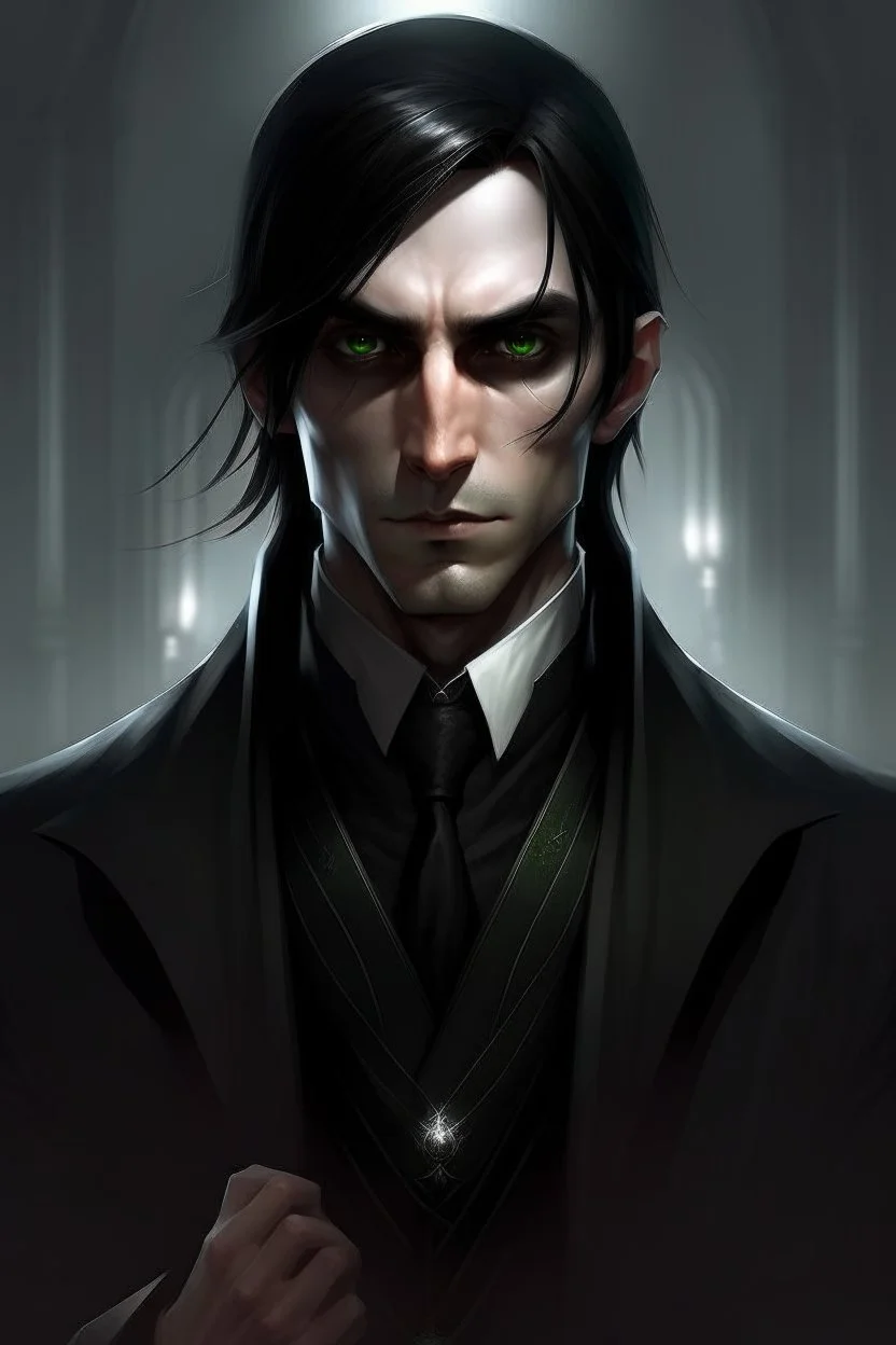 the dark butler, young elf with dark hair, dark clothes, shadow magic, expressive eyes
