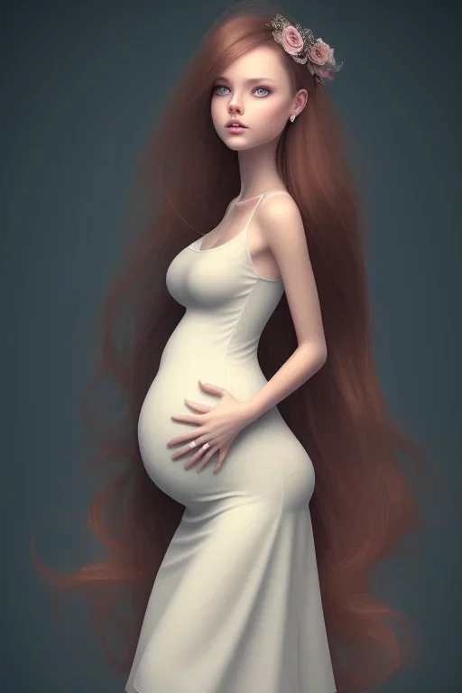 girl, cute, beautiful, pregnant, cottagecore dress, long hair, brown hair, brown eyes, wedding ring