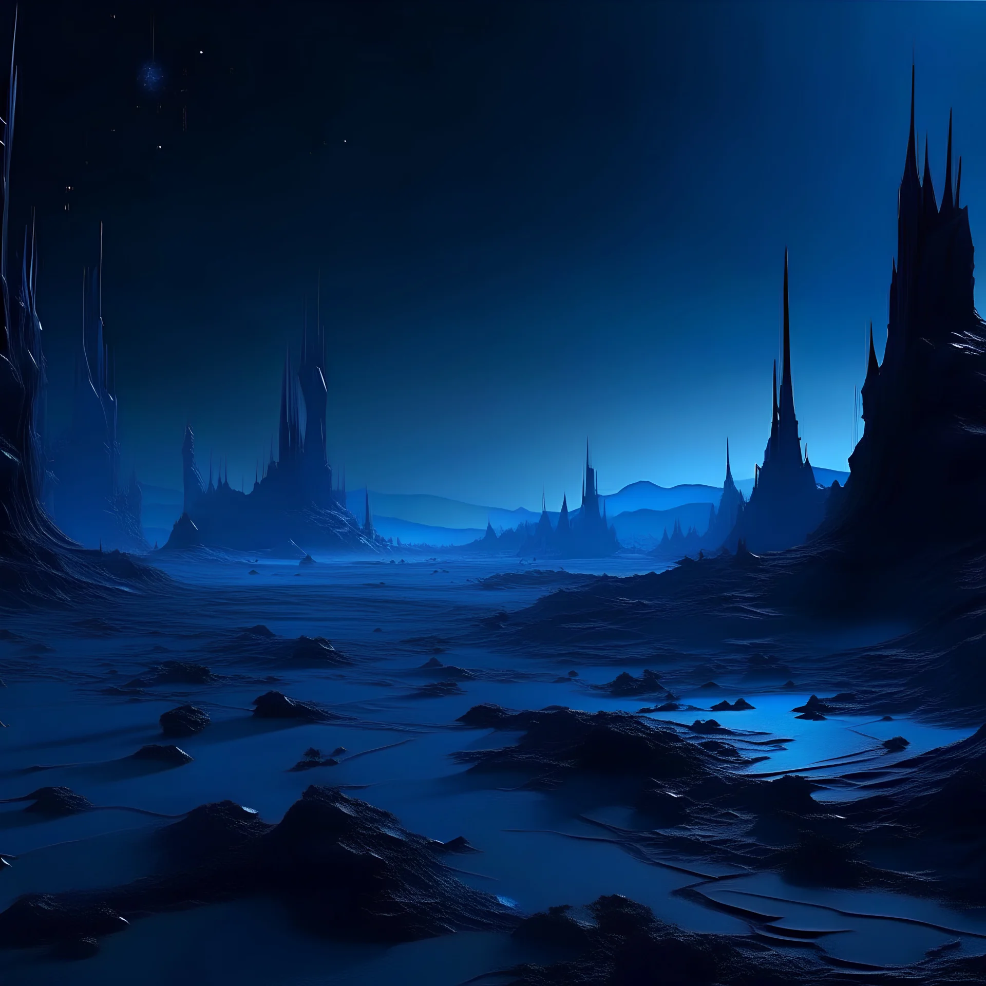 dark frozen alien landscape. some tiny, spiky blue alien creatures. spacecraft in the distance. planet in the distance