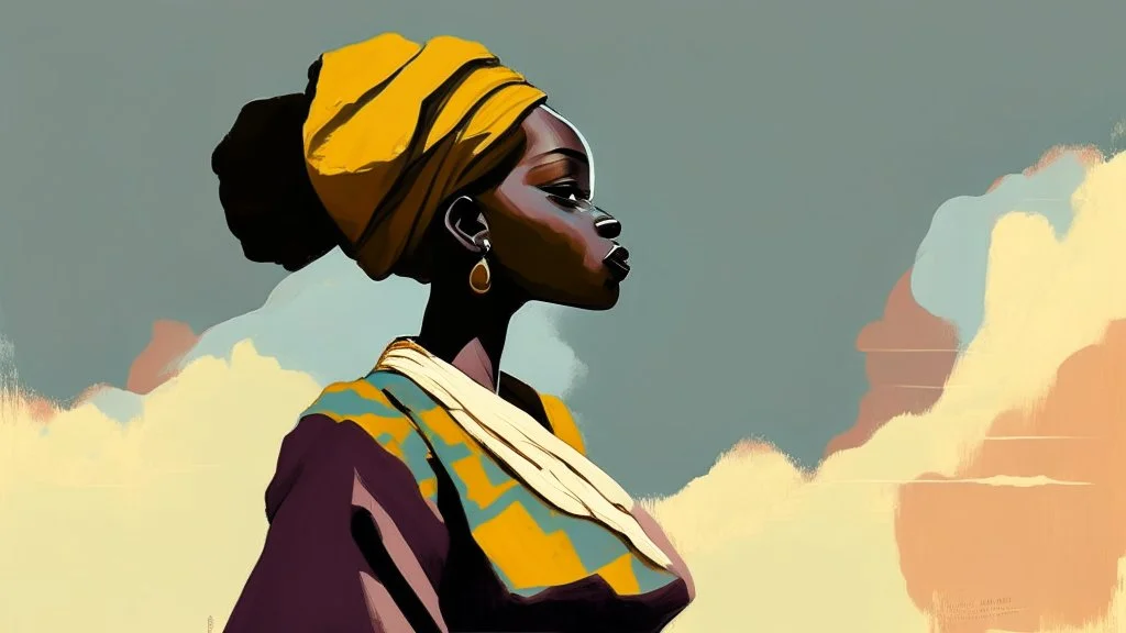 Design, African woman, oil painting, featureless, graphic, drawing without facial features, background, sky, traditional clothes, cartoon, looking left