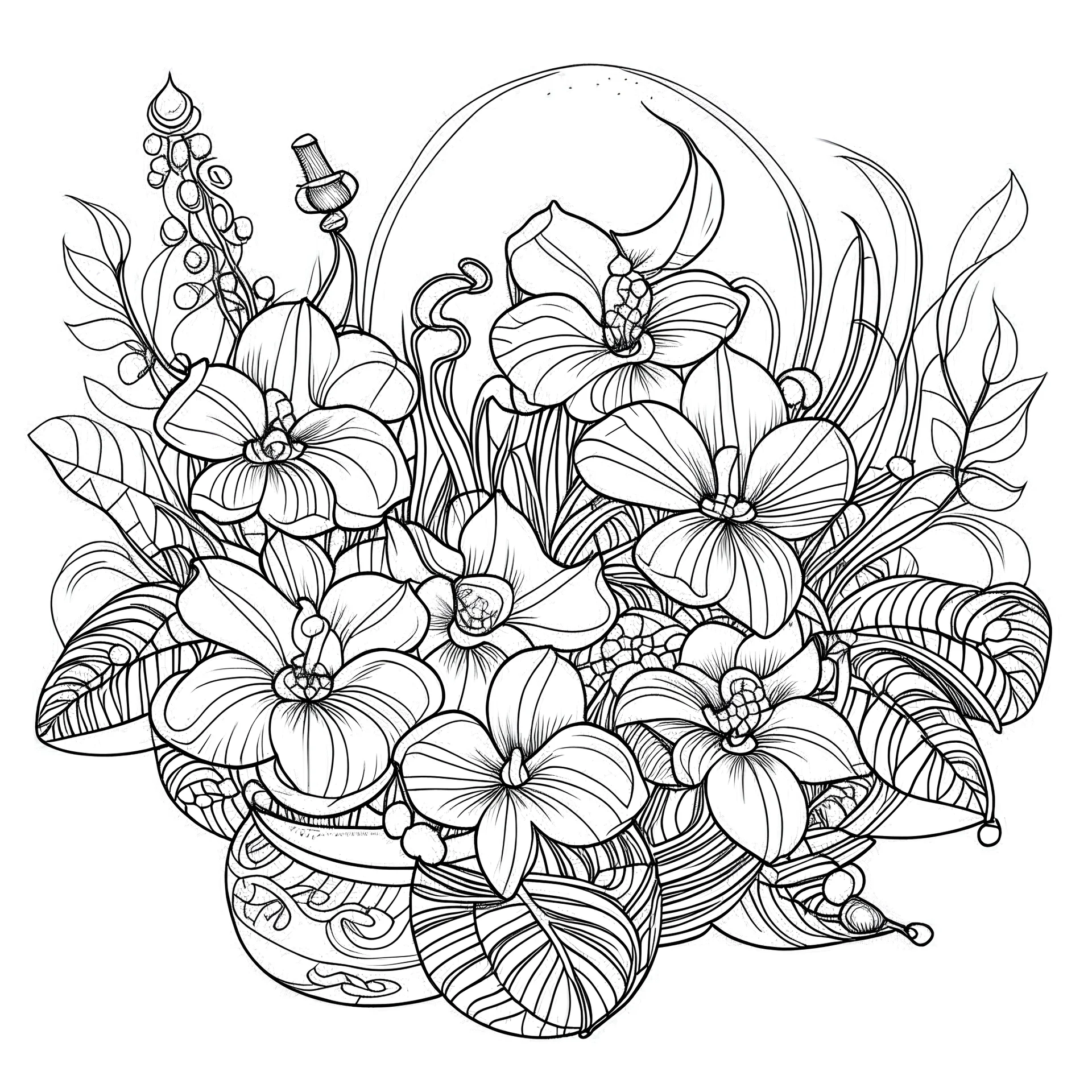 outline art for visually rich appealing heart middle ikebana orchids plumeria rounded stones candles, coloring page for kids, white background, fit to page, only use outline, clean line art, no shadows, clear and well outlined