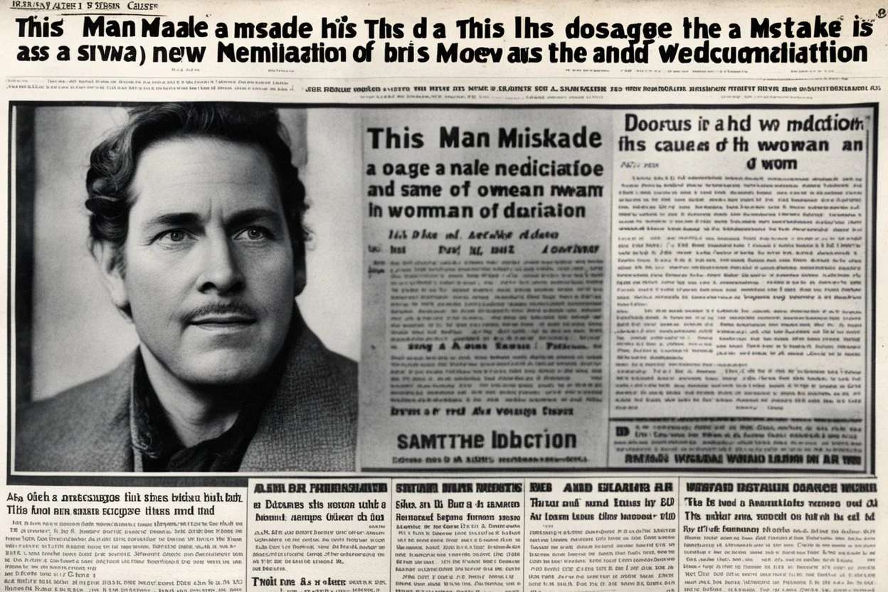 newspaper front page: title is "This man made a mistake in the dosage of his medication and is now a woman." the caption of the photo "Before (as a man) and After (same as a woman)"