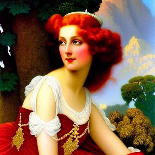 Young maggie rizer, meticulously detailed face, meticulously detailed multi-hued long red hair; ethereal fantasy. Maxfield Parrish. realistic oil painting. Victorian era, glitter, luminous color sparkles, old fashioned, vintage, antique, beautiful, renaissance, 16k