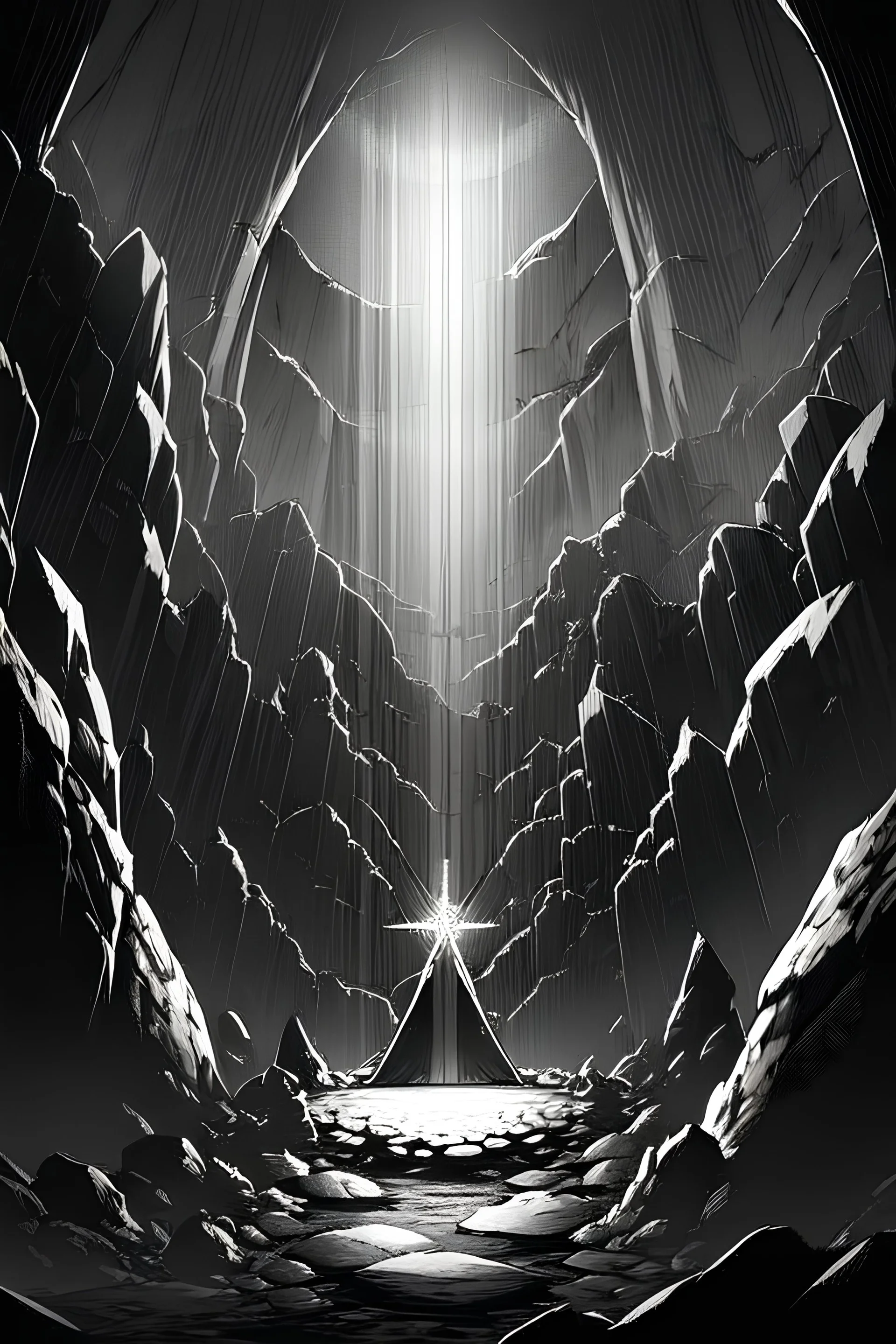 A beam shines in the middle of an immense and dark cave, greyscale