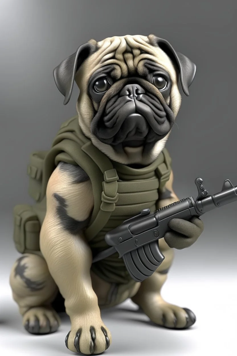 pug soldier with rilfe M4 with helmet realistic