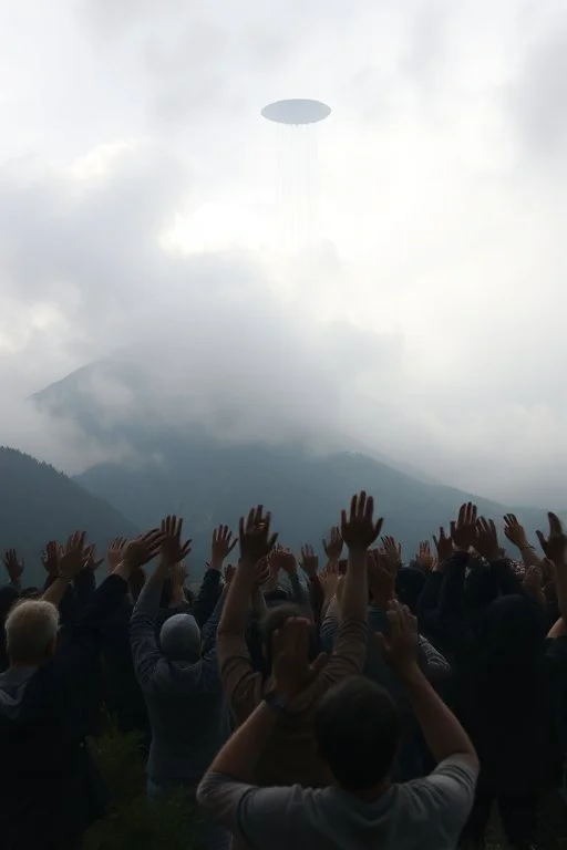 A land with mountain filled with humans everywhere raising hands up for a strands or unexplained object in the sky hovering in a foggy cloudy sky
