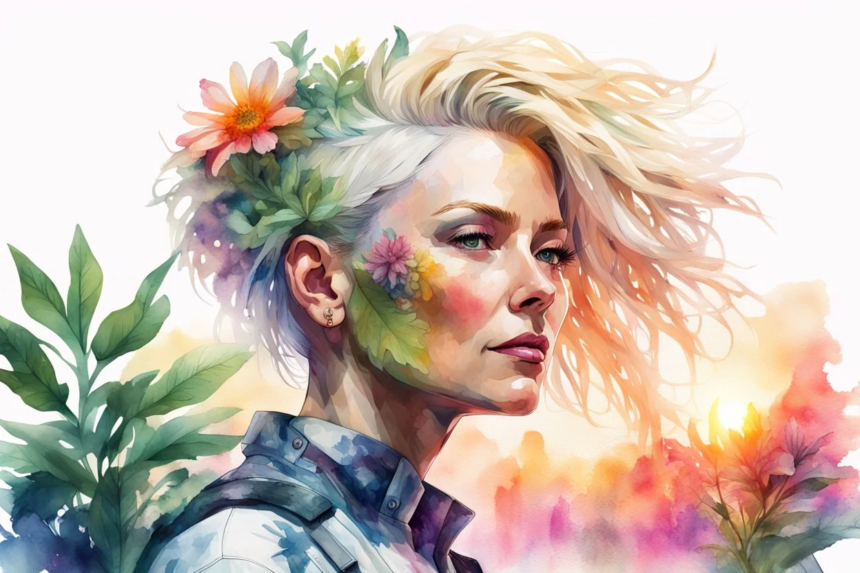 white background, cyberpunk, watercolor, Woman 48 years old, blonde, portrait painting, acrylic, summer sunset, plant hair, flower clothes, double exposure, fine rendering, high detail, high resolution, 8K