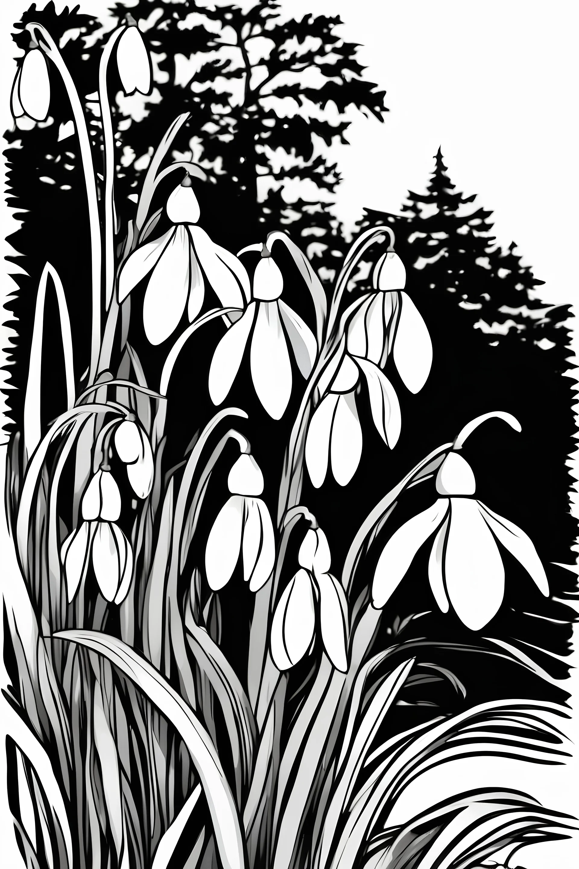 outline art of Snowdrops only black and white, no colour , White background. sketch style, clean line art, white background, no shadow and clear, no people, no colour, for book