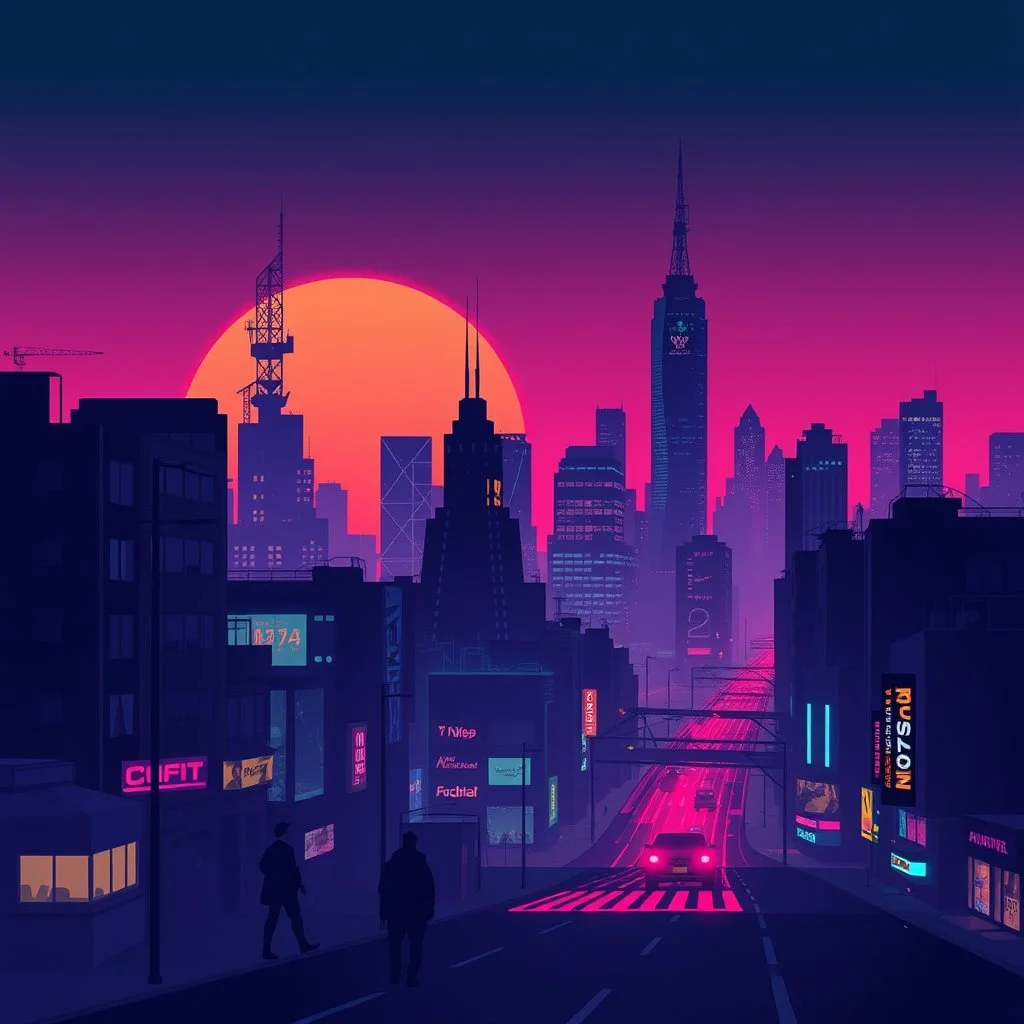 city silhuette, cyberpunk, 80s, retro