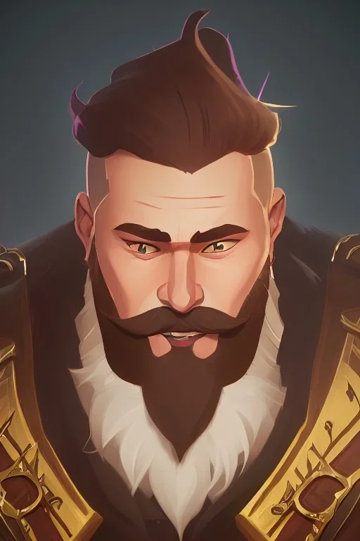 Medieval Fantasy Bearded strong man wearing a thick fur-lined merchant's coat, wearing gold rings, divine, halo, happy smiling, portrait, high definition, realistic, long hair, dynamic lighting, volumetric lighting, mustache, blond, arcane, wise