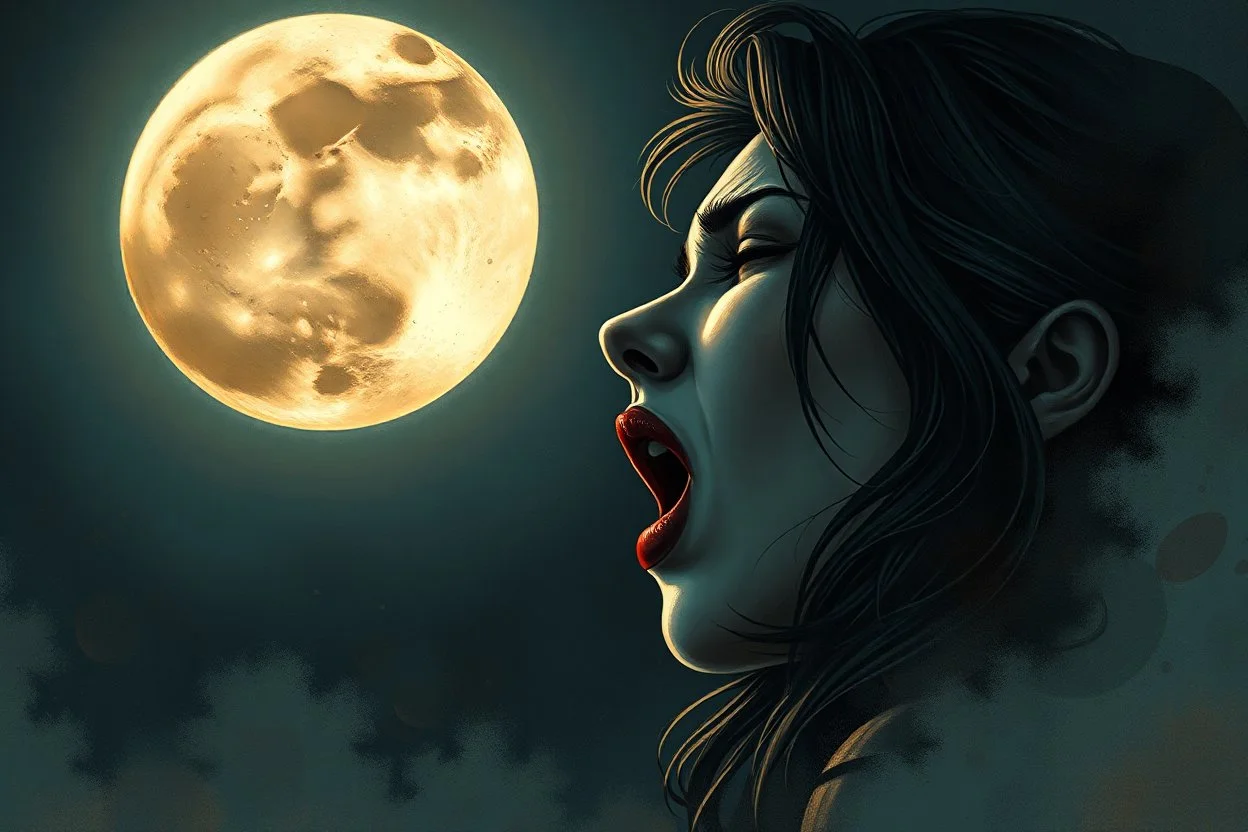 medium close human woman cry and howling, pain, thriller, alone, dark colors, sharp focus, surreal , the attraction of the moon, faded colors, dark mood, surreal, dramatic atmosphere. intricate, stunning textures , illustration by Juan Brufal, by Esté MacLeoad, Cyril Rolando, Hayoa Miyazaki