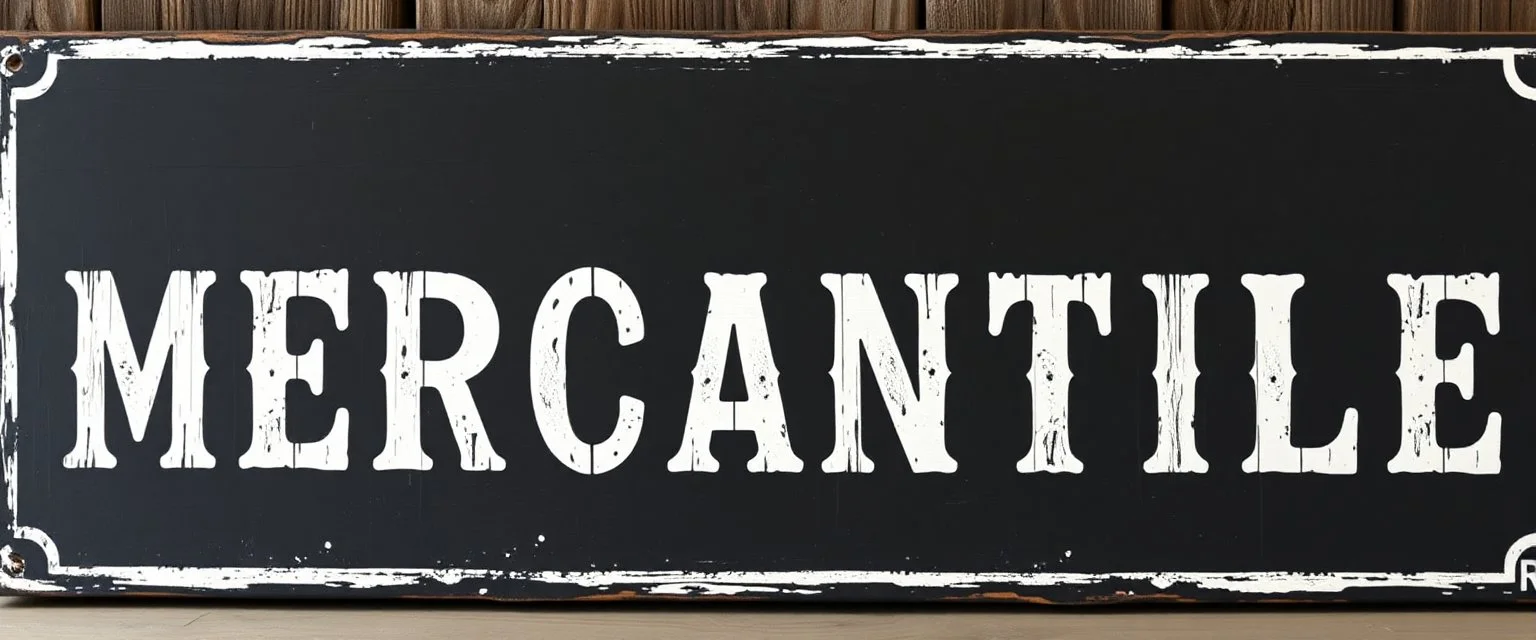 fill composition with large and wide hand painted old western sign that reads: "MERCANTILE" white on black with inset white stripe boarder aged paint on wood sanserif