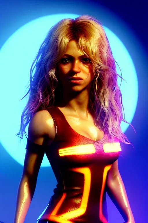 portrait, Shakira, blonde artist, angry, Realistic image, latex style dress. loose long hair, eyes make up, perfect, glow, circle iris. Neon colors, leds, geometric shapes. Dark background, photo studio, neon lights. Cyberpunk, concept art, smooth, unreal engine 5, god lights, ray tracing, RTX, lumen lighting, ultra detail, volumetric lighting, 3d, finely drawn, high definition, 4k.