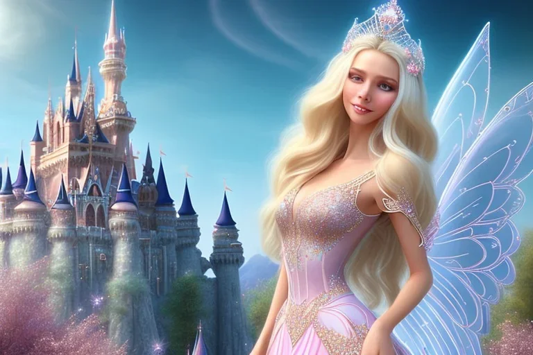 castle in background, beautiful, soft, big smiling, straight and long blonde hair, blues eyes, dewy and shiny atmosphere, diamond crown, long fairy wings in the back, full head, pink veil clothes