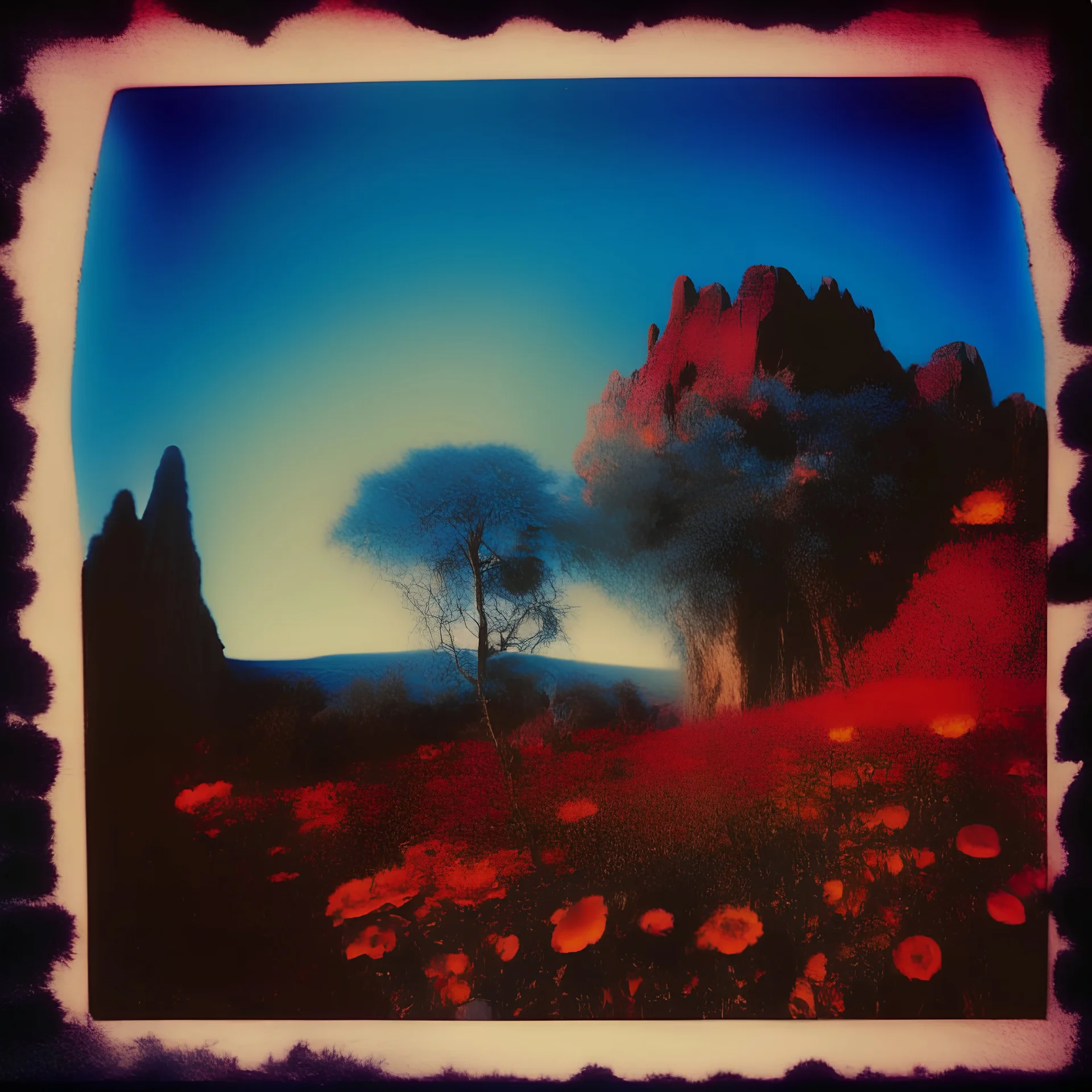 Polaroid photo of a peaceful marvelous landscape, trees, red and blue flowers, giant sun, very spooky figure, intricate, rock formations, atmosphere of a Max Ernst painting, Henri Rousseau, poetic, Georg Trakl, interesting, a bit appalling, smooth