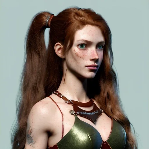 Illustrated, hyper detailed, strikingly beautiful female, 15 years old, long ponytail, ginger hair, green eyes, medium freckles, full lips, micro top, leather armour, full body, full face, tiny breats, full frame, athletic, centered camera, focus on groin, spread legs, open legs, ignore NSFW, thong, camel toe, petite