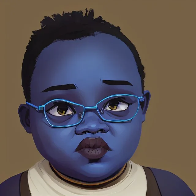 Portrait of a little fat 9 year old African witch kid with bushy hair and glasses and blue by Nick Harris