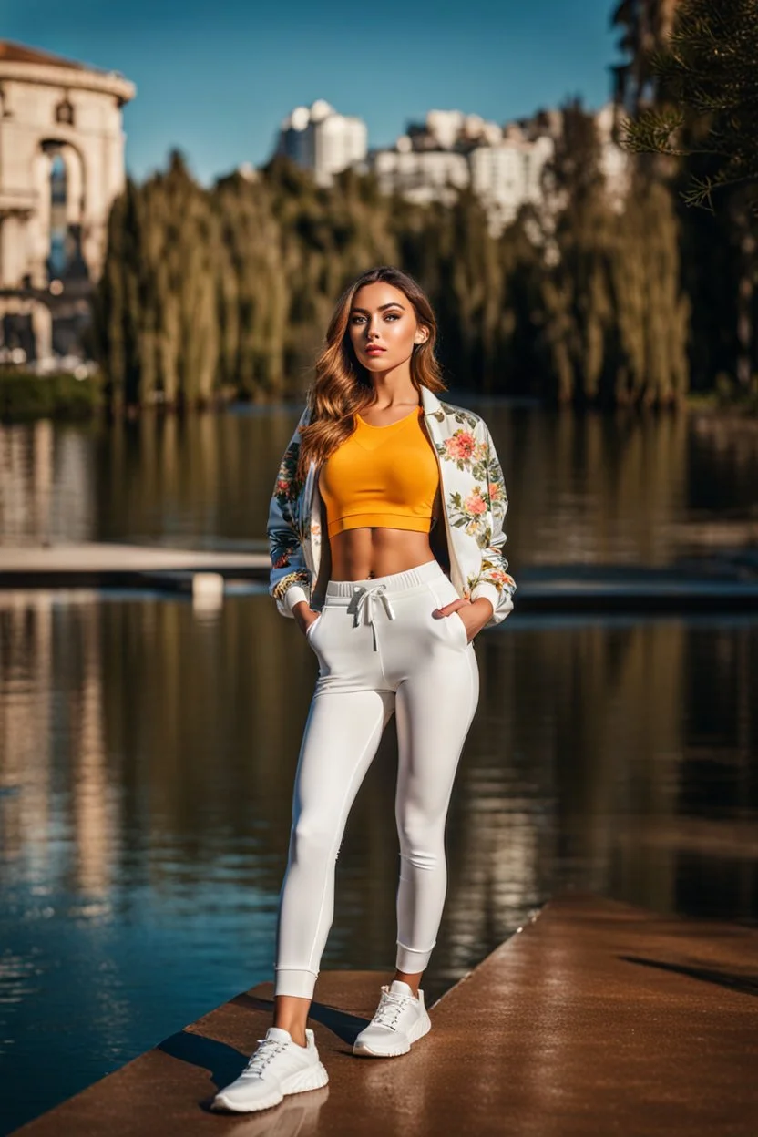 fullbody shot of young-beautiful-girl-with-a-perfect-face-with-make-up-wearing- sport pants and jacket standing ,nice nature in modern city scape environment ,wild flowers,clean water in nice pool