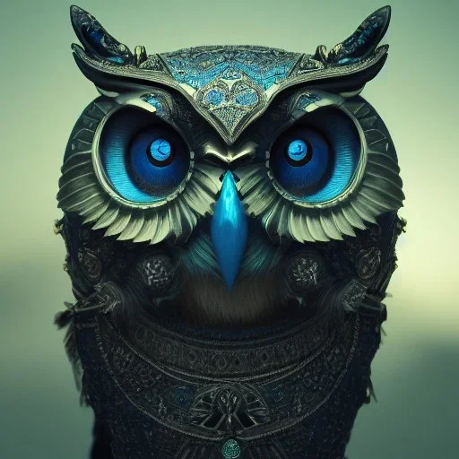 Anthropomorphic blue owl, big green eyes, lots of details, portrait, finely detailed armor, cinematic lighting, intricate filigree metal design, 8k, unreal engine, octane render, realistic, redshift render