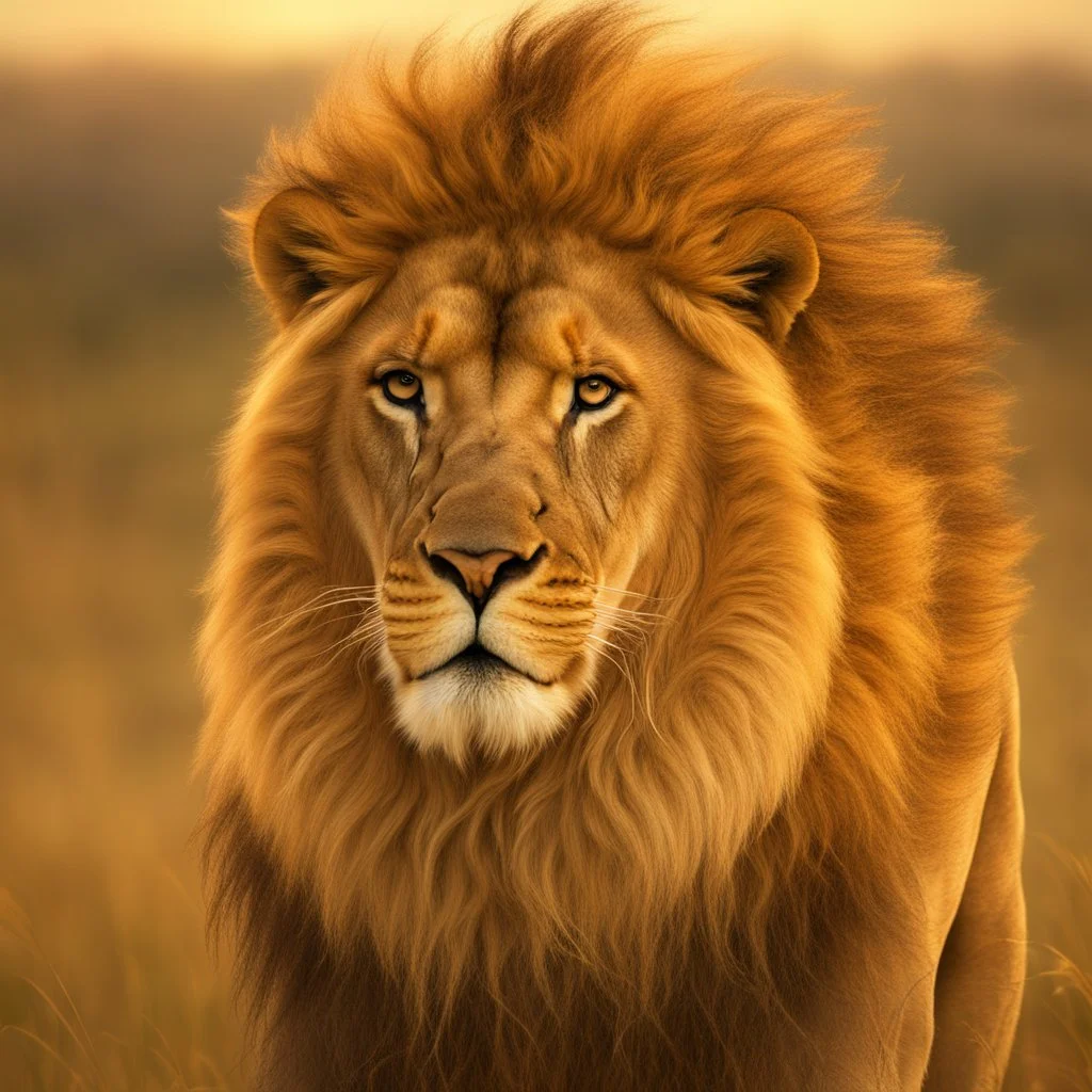 A majestic lion standing tall on a grassy savannah, with its thick golden mane blowing in the wind and its powerful gaze fixed on the horizon.