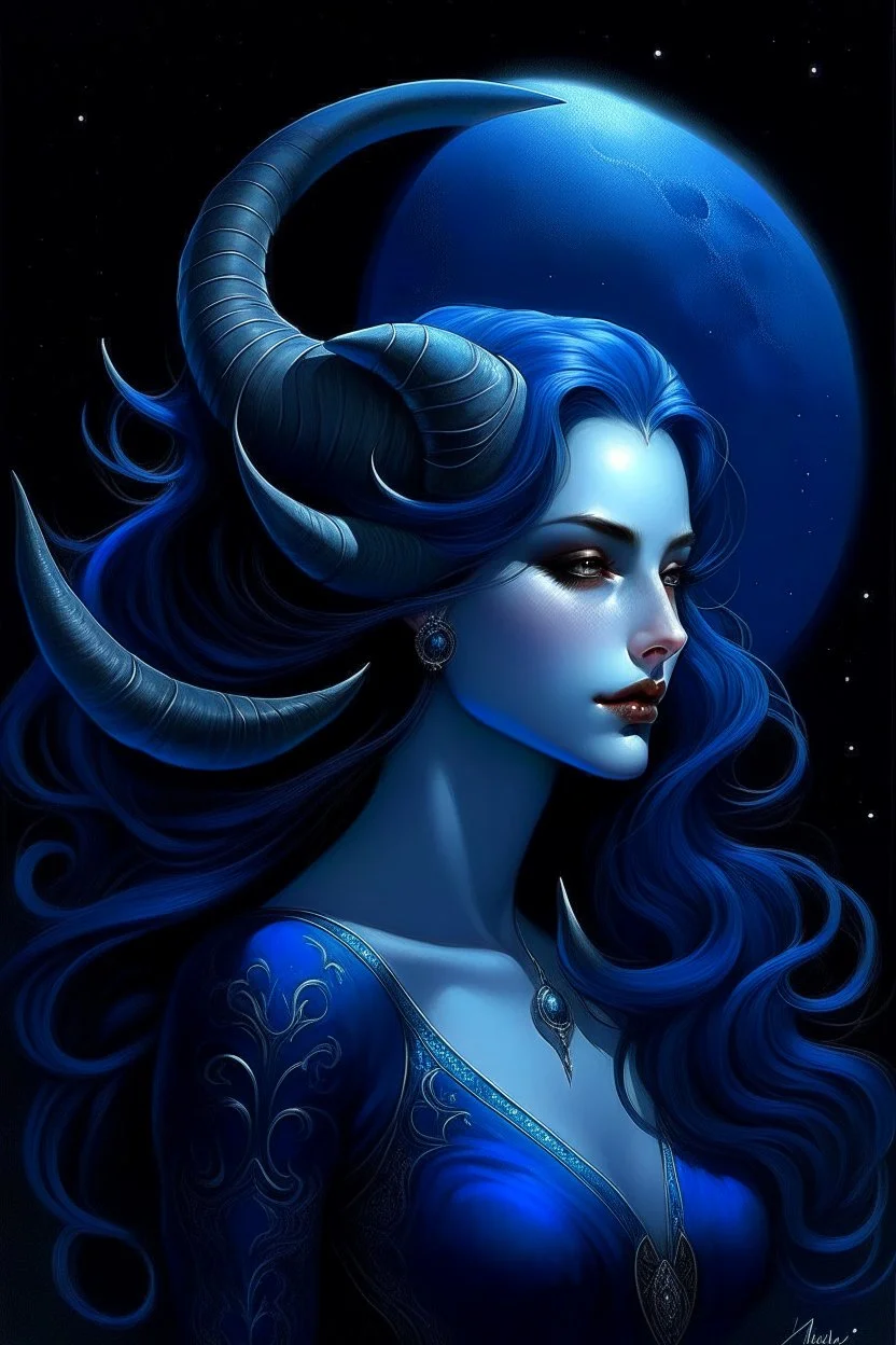 a captivating blue-skinned devil with elegant horns and allure beyond compare. Her seductive nature is represented through her enchanting voice, mesmerizing gaze, and irresistible charm. She has stunning blue skin that shimmers like a moonlit ocean. Her long, flowing hair cascades in midnight blue waves, framing her alluring face. Horns, elegantly curved like a crescent moon, adorn her forehead, adding an enigmatic charm to her appearance. Her eyes are deep pools of sapphire, holding a seductive