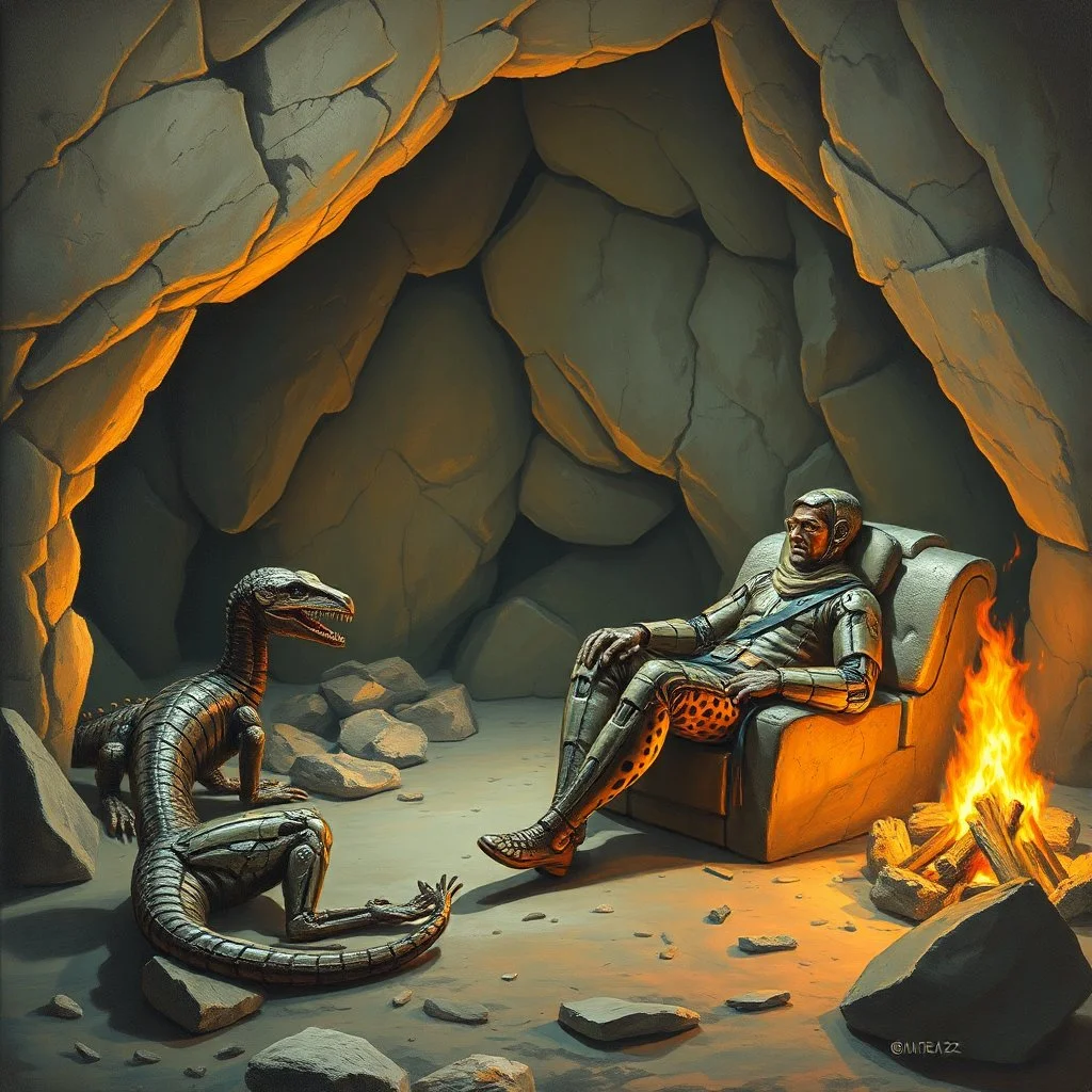 matte oil painting, retro futuristic prehistoric cave with a retro futuristic robotic raptor pet curled up in front of a campfire, caveman wearing a leopard print suit relining in a stone bacalounger