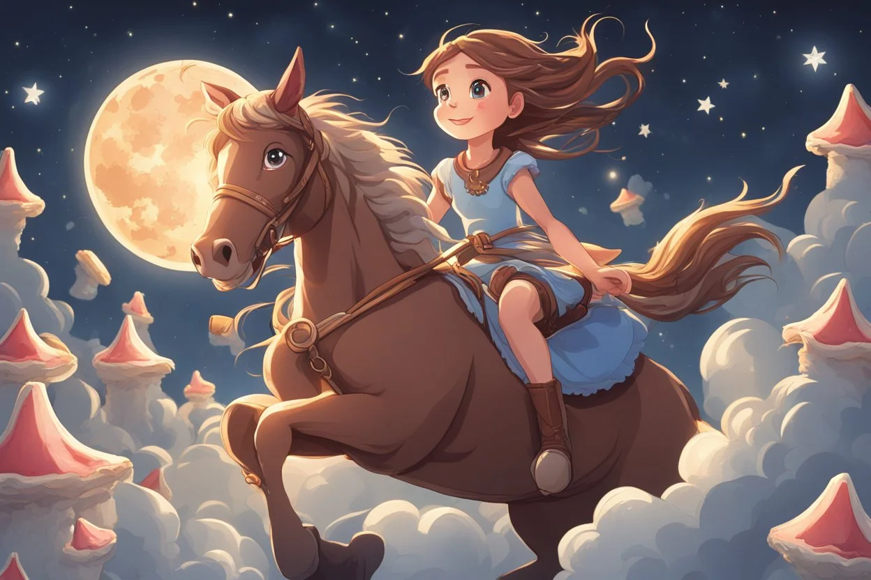 a long, brown-haired girl rides a horse dynamically across the night sky, leaping over a pile of different cookies. Shining moon, in starshine