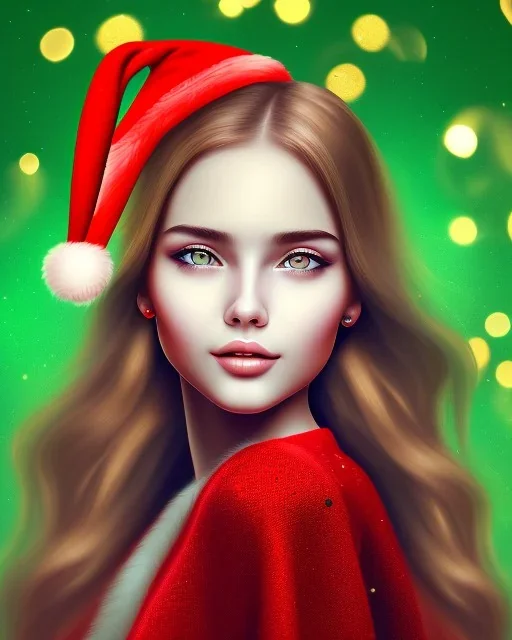 girl in red green, close up portrait, Christmas, smiling, cute, beautiful