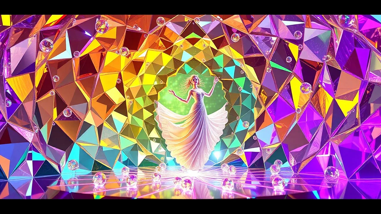 very complex CIFY structure ,pretty viberating color environment 3d metalic and crystal recursive evolving and animating beveled geometric base very complex CIFY structure emiting bubbles that broke, goddess of love in a pretty cleric dress comes out dancing gracefully , viberating color moving very in modern city escap environment while camera tracking it.write in down screen 3d animating"Made in Grok By:J.Babakan"