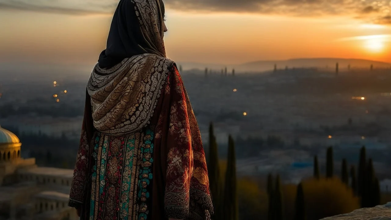 A Palestinian woman wearing an embroidered dress with the city of Jerusalem behind her during a winter sunset