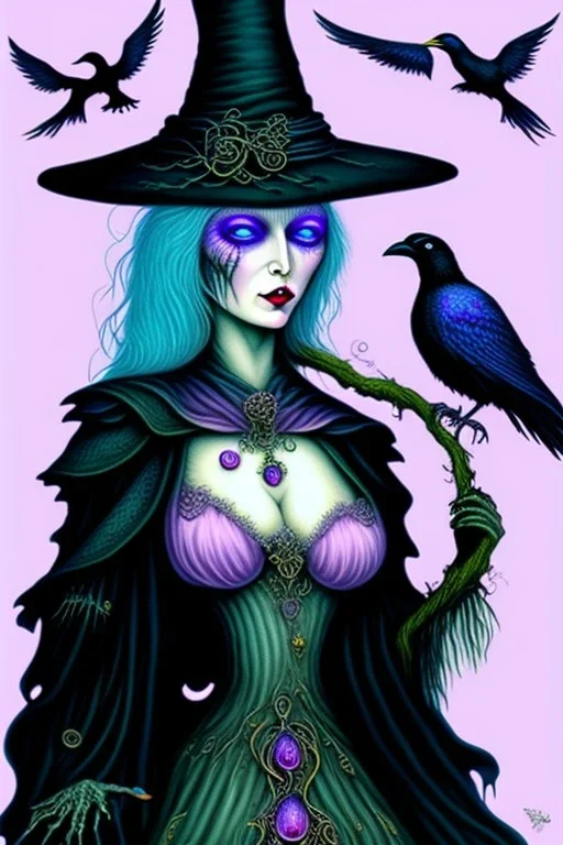 Friendly witch, playing with crows, perfect iris, pastel colours, style H.G. Giger