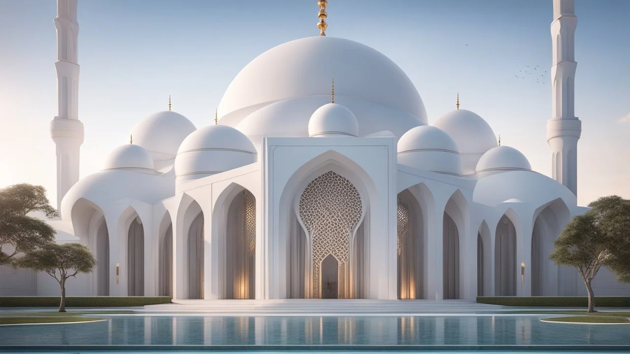 A stunning futuristic mosque that seamlessly blends cutting-edge architectural design with traditional Islamic elements. Ornate, minimal, modern, devout, safe, oustanding architecture, trending on Artstation, professional photograph