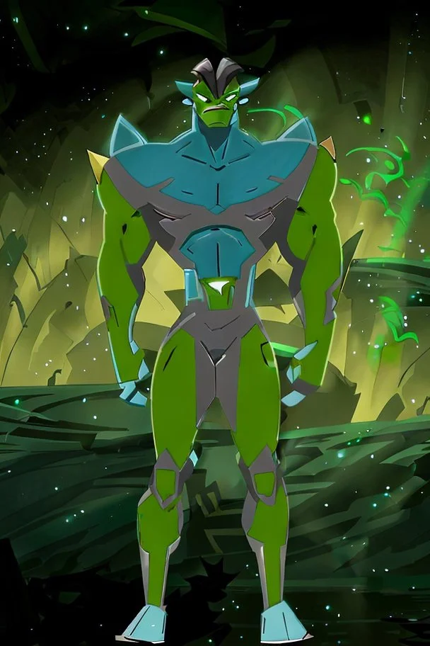 alien From Ben 10 cartoon. Strong, fit body. From his faction. Shark. Advanced jewels and metal. Dark magic. Power and luxury