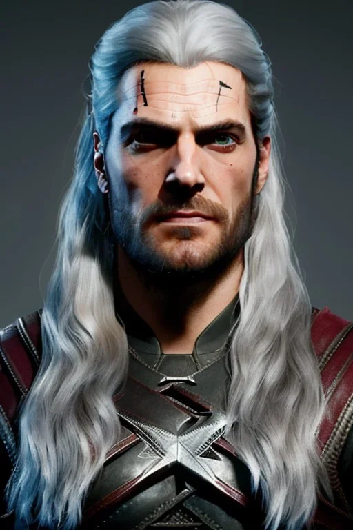 Henry cavil face, long white hair, wearing The witcher 3, realistic, 4k, intricate, best quality